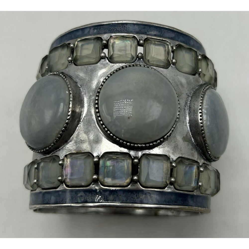 Vintage Cuff Bracelet Chunky Hinged Blue Gray Bangle Cabochon Stones Old Money